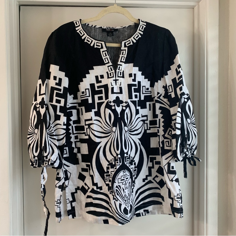 Style & Co Women’s Black and White Linen Top Size 10 Lightweight Casual Blouse